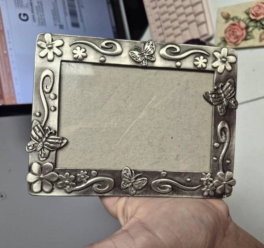 Antique Silver Ornate Floral Butterfly Metal Photo Frame 3x4 Freestanding